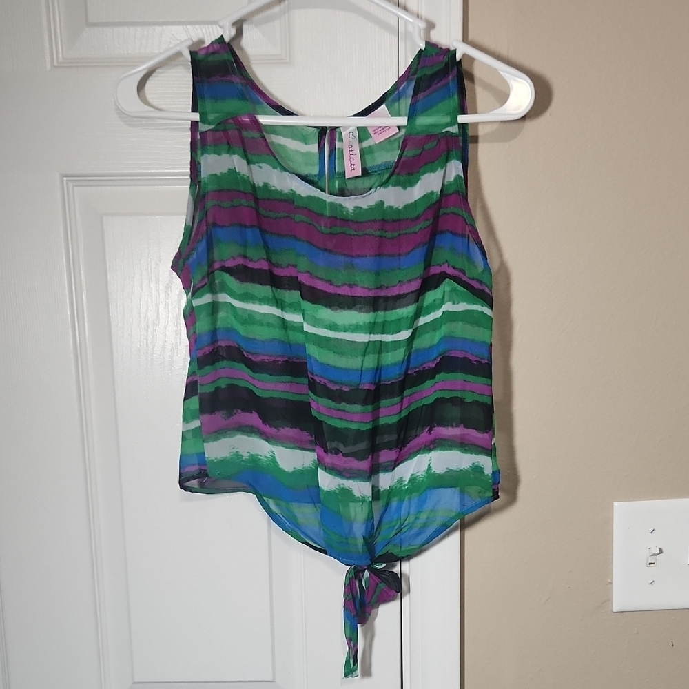 Blue and Green Tie Front Tank Top